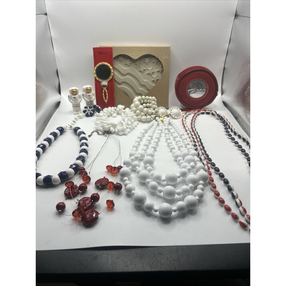 Vintage Lot of Costume Jewelry Red White Blue Beaded Necklaces Earrings/ Merica